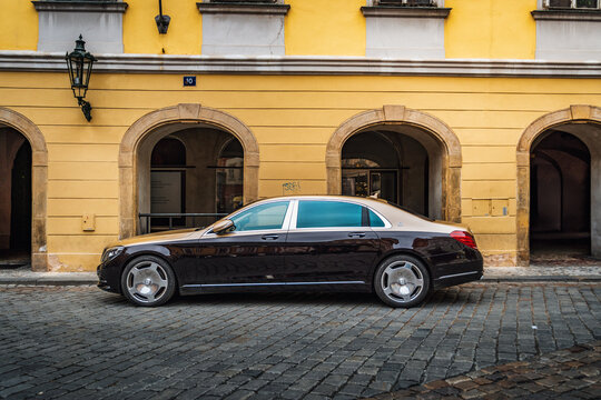 Prague, Czech Republic - October 26, 2024: Expensive luxury car Maybach parked in the street of the historic city. Premium sedan in the highest trim.