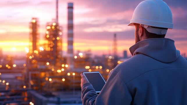 A worker in a hard hat uses a tablet while overlooking an industrial facility at sunset, showcasing technology in a modern environment, Green Technology.