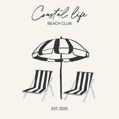 Sun loungers and beach umbrella vector whimsical illustration. Whimsy summer beach clip art composition. 