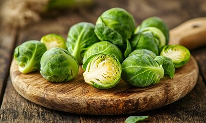 Brussels sprouts on a wooden cut board, Generative AI