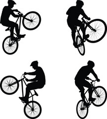 set of silhouettes of bmx biker, cyclists with different position, gesture, pose. extreme sport, bicycle, vehicle concept.