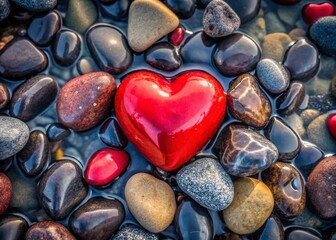 Obraz premium Red Heart Ruby Gemstone on Black Pebbles in Water - Wellness Panorama Banner