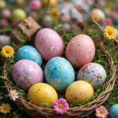 Decorative Easter eggs with floral patterns are arranged in a wicker basket on grass, surrounded by small yellow and pink flowers, creating a festive spring ambiance