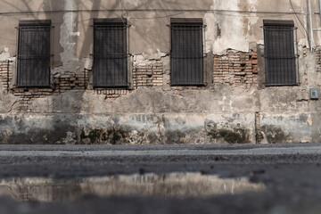 Rusty Textured Wall Background with windows and Aged and Weathered Surface