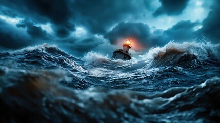Turbulent and Dramatic Ocean Storm with Crashing Waves and Dark Clouds in the Tempestuous Sky  The scene depicts a powerful and chaotic natural force