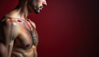 Masculine physique and strength on red background with copy space