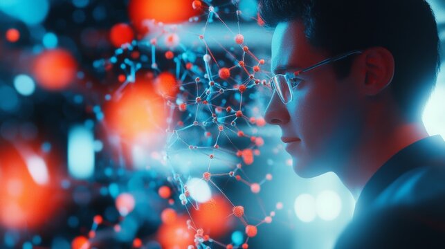 A computational biologist developing algorithms for protein folding, advanced bioinformatics lab with real-time protein structure analysis and simulation, Scientific style