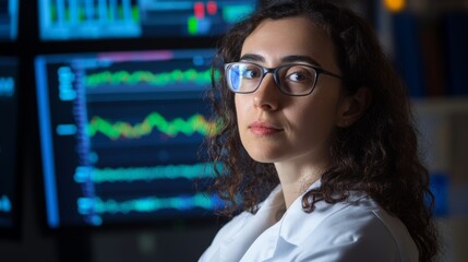A computational biologist using AI to model genetic sequences, state-of-the-art bioinformatics lab with genomic data visualizations on screens, Scientific style