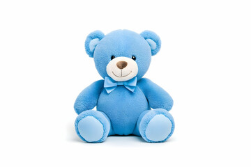 Fototapeta premium A light blue plush teddy bear toy sits against a white background, wearing a small bow tie