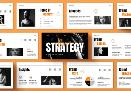 Brand Strategy Presentation Template Layout with Black and Orange Accents