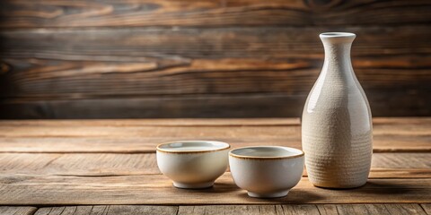 Rustic Wooden Table Sake Set: Two White Cups & Bottle - Japanese Drink Stock Photo