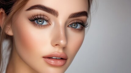 Fototapeta premium Radiant Beauty: A close-up portrait of a woman showcasing perfect skin, captivating eyes, and meticulously done makeup, reflecting modern beauty standards.