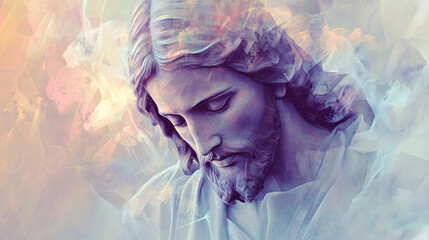 soft ethereal portrait of jesus with downward gaze in pastel colors and dreamy textures, spiritual christian artwork expressing divine peace, sorrow, and sacred presence