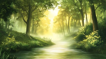 Fototapeta premium Sunlit Forest Stream with Misty Path.
