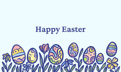 Happy Easter colorful cartoon vector illustration, cute bright spring holiday greeting card with eggs and flowers, festive background