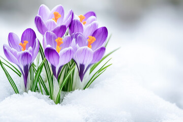 Purple crocuses blooming through fresh snow, symbolizing resilience, hope, and the arrival of early spring. 