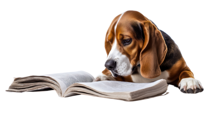 Dog is reading a newspaper with great concentration