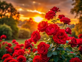 Silhouette of Lush Red Rose Bush Against Vibrant Nature Background
