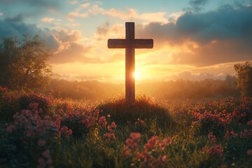 A wooden cross stands majestically against a sunset landscape scene