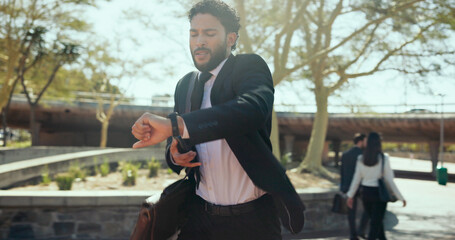 Outdoor, businessman and hurry with watch for time, morning commute and late for justice meeting....