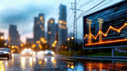 Vibrant nighttime cityscape with towering skyscrapers bustling streets and a futuristic data visualization display showcasing financial analytics and market trends