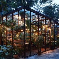 Fototapeta premium Glass-enclosed jungle cafe at dusk