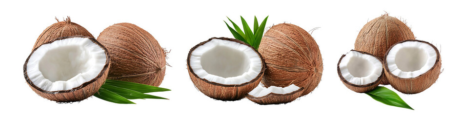 Set of Fresh Coconuts with Exposed Flesh and Green Leaves for Tropical Delights  on transparent background , png , cutout