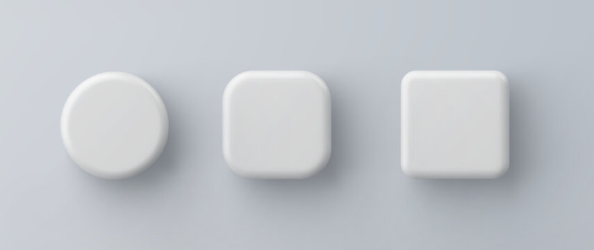 3d vector white plastic square and round button on gray background. Realistic minimal icon with shadow.