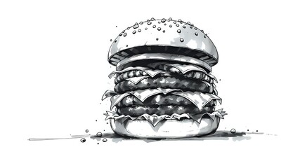 Black and White Watercolor Burger Illustration with Cheese, artistic concept