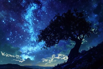 Fototapeta premium A large tree silhouetted against the beautiful night sky