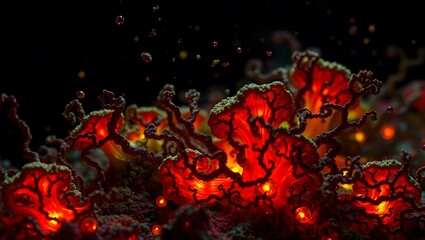 Glowing Fungi Colony with Intricate Mycelium Structure, Bioluminescent Fungal Growth in a Dark Mysterious Environment, Surreal Organic Patterns and Alien-Like Mushroom Network