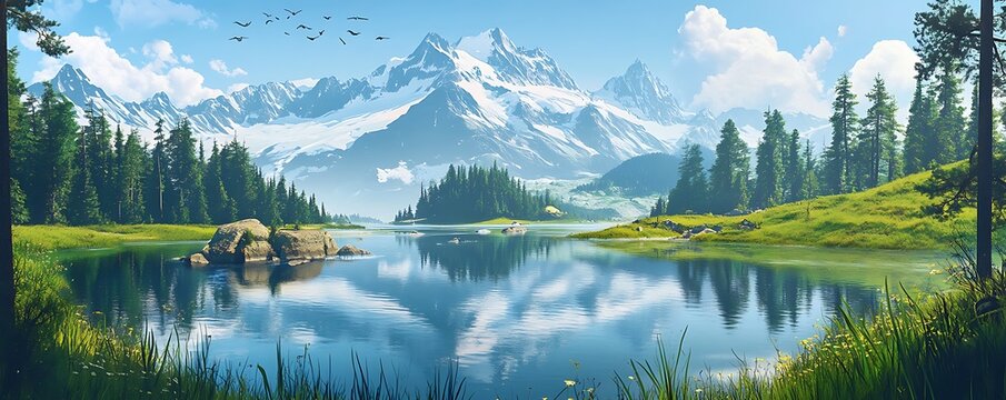 Beautiful panoramic view of a mountain lake in the forest, with a backdrop of snow-capped mountains, a blue sky, and green grassland on a summer day