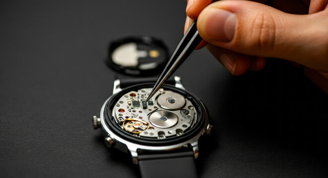 Watch repair process shows intricate inner workings and craftsmanship in a close-up view