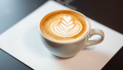 A warm, inviting cup of latte art, a delicate leaf design swirling atop rich, creamy foam in a simple white mug, soft light enhancing its beauty.