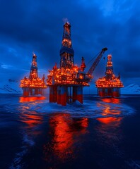 Obraz premium Three offshore platforms illuminate the sea with orange and red lights
