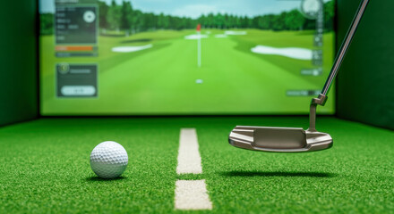 Indoor golf practice session with high-tech simulator and putting green