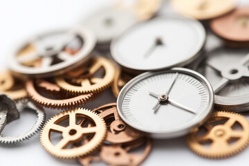 Complex mechanical processes represented by intricate gears and clock faces clustered together in a chaotic yet organized manner