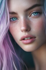 Fototapeta premium Enchanting Portrait: A close-up shot of a beautiful woman's face with captivating features. Her eyes hold a certain mystical allure, while the soft lighting accentuates her delicate features.