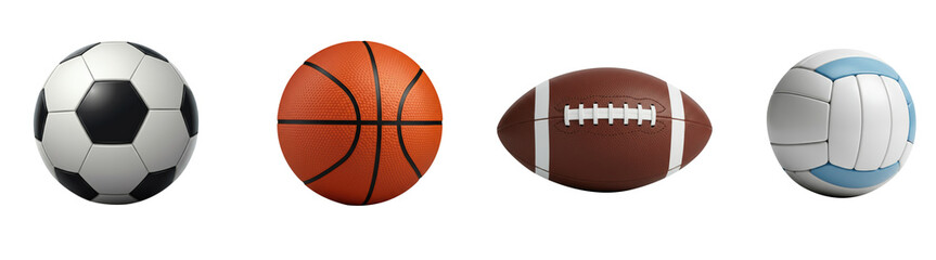 Obraz premium Collection of sports balls including soccer, basketball, football, and volleyball displayed on a white background