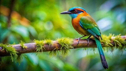 Fototapeta premium Turquoise-Browed Motmot in Lush Central American Forest - Vibrant Wildlife Photography