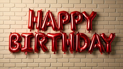 Red Happy Birthday Balloons on Beige Brick Background for Party Decorations - Photo Stock Concept
