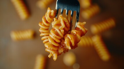 Pasta recipe, close-up of a fork with a mouthful of appetizing pasta wrapped around it