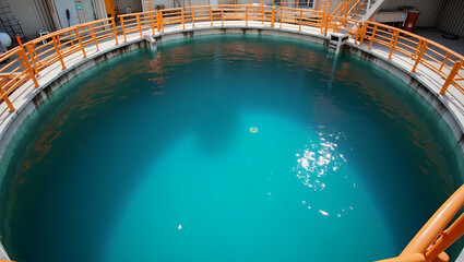 Large Circular Water Tank with Bright Orange Railings in Industrial Water Treatment Setting