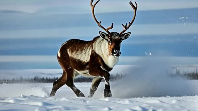 Reindeer Running Fast Through Deep Snow in Winter Landscape