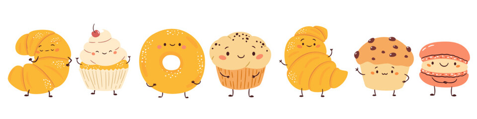 Vector set of cute illustrations in a simple childish style. Cute food with muzzles hands and feet. Croissants buns cakes and cupcakes. Vector illustration