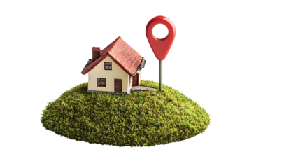 Red location pin above a miniature house