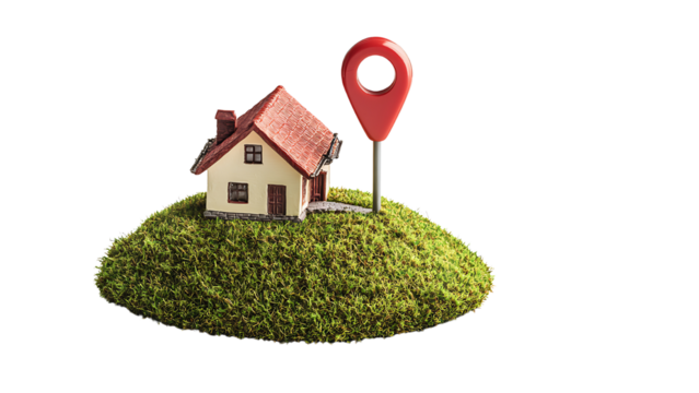 Red location pin above a miniature house
