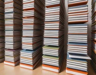 Stakeholders framework concept. A close-up view of neatly stacked books or notebooks, showcasing colorful spines and a well-organized collection.