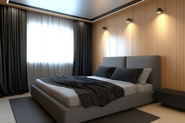 Modern bedroom interior showcasing a luxurious bed near a window