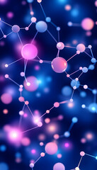 Abstract spheres linked by lines, pink & blue bokeh background